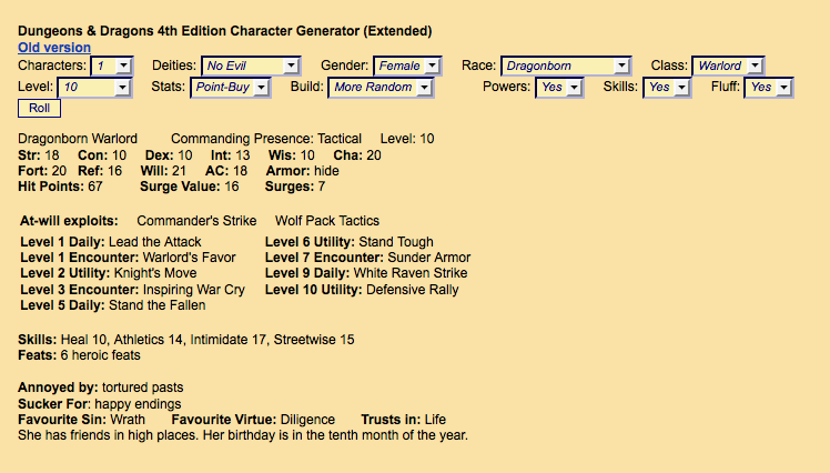 Chaotic Shiny's Character Generator for 4th Edition Dungeons and Dragons -